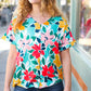 Teal & Coral Flat Floral V Neck Top