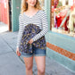 Cream & Navy Floral Stripe V Neck Colorblock Top