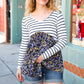 Cream & Navy Floral Stripe V Neck Colorblock Top