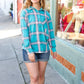 Teal & Pink Plaid Front Pocket Button Down Shacket