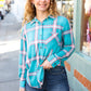 Teal & Pink Plaid Front Pocket Button Down Shacket