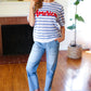 America Proud Blue Striped Embroidered Puff Sleeve Top