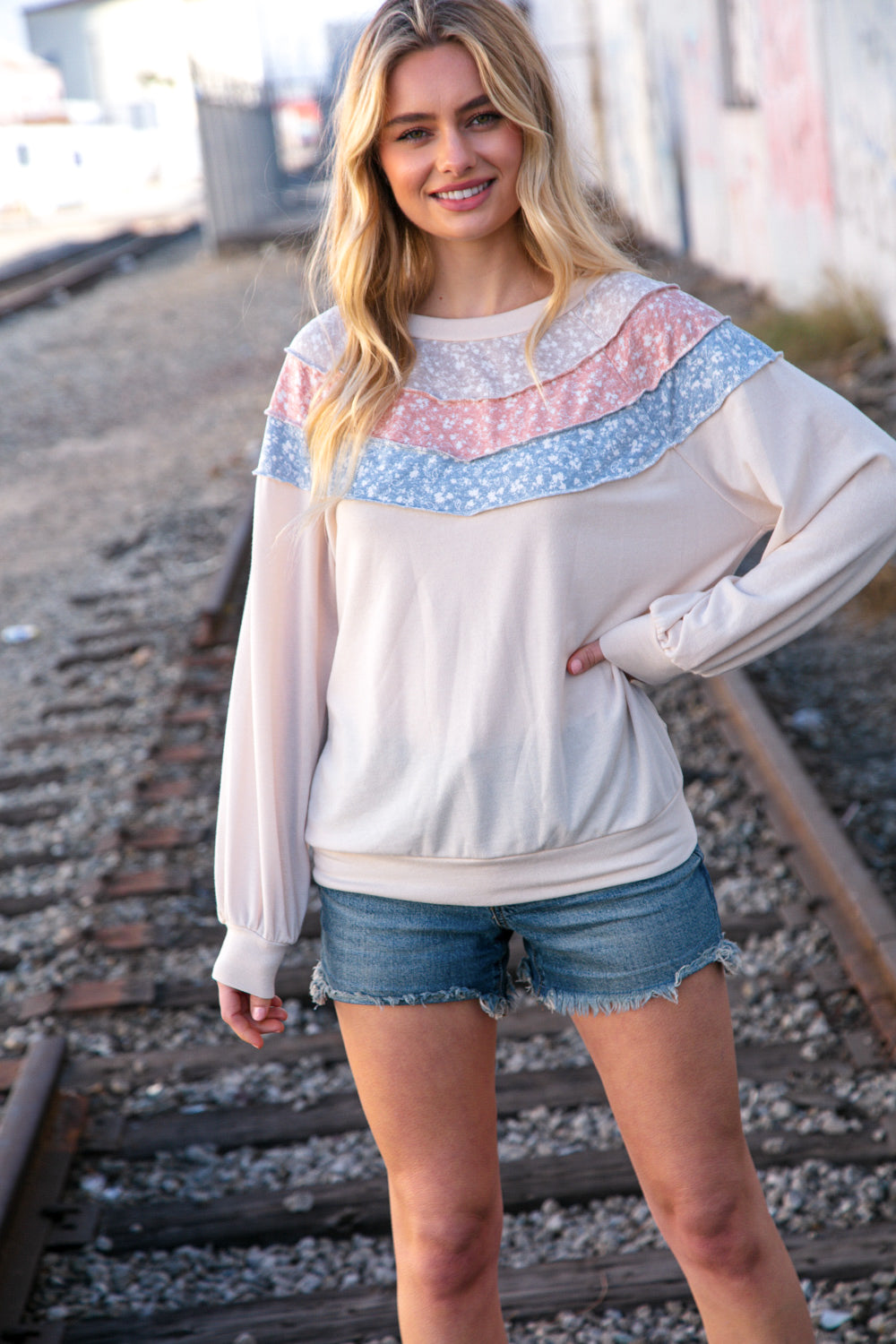 Taupe & Sky Blue Thermal Knit Out Seam Stitch Pullover