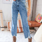 High Waist Leopard Print Washed Pocketed Ankle Torn Jeans