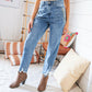 High Waist Leopard Print Washed Pocketed Ankle Torn Jeans