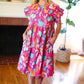 Look of Love Fuchsia Abstract Floral Print Smocked Ruffle Sleeve Dress