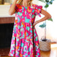 Look of Love Fuchsia Abstract Floral Print Smocked Ruffle Sleeve Dress