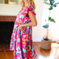 Look of Love Fuchsia Abstract Floral Print Smocked Ruffle Sleeve Dress