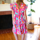 Look of Love Fuchsia Abstract Floral Print Smocked Ruffle Sleeve Dress