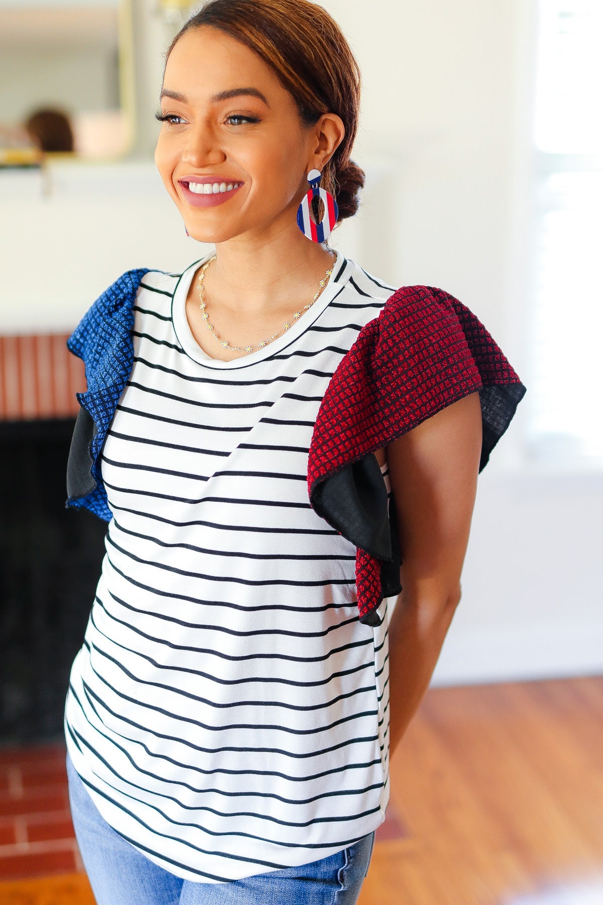 Glam It Up Red & Blue Glitter Flutter Sleeve Striped Top