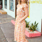 Lovely In Peach Floral Print Elastic Waist Ruffle Midi Dress