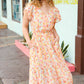 Lovely In Peach Floral Print Elastic Waist Ruffle Midi Dress