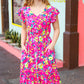 Fuchsia Floral Print Elastic Waist Ruffle Midi Dress