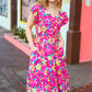 Fuchsia Floral Print Elastic Waist Ruffle Midi Dress