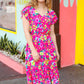 Fuchsia Floral Print Elastic Waist Ruffle Midi Dress