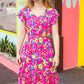 Fuchsia Floral Print Elastic Waist Ruffle Midi Dress