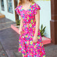 Fuchsia Floral Print Elastic Waist Ruffle Midi Dress