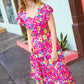 Fuchsia Floral Print Elastic Waist Ruffle Midi Dress