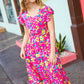 Fuchsia Floral Print Elastic Waist Ruffle Midi Dress