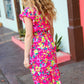 Fuchsia Floral Print Elastic Waist Ruffle Midi Dress