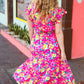 Fuchsia Floral Print Elastic Waist Ruffle Midi Dress