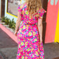 Fuchsia Floral Print Elastic Waist Ruffle Midi Dress