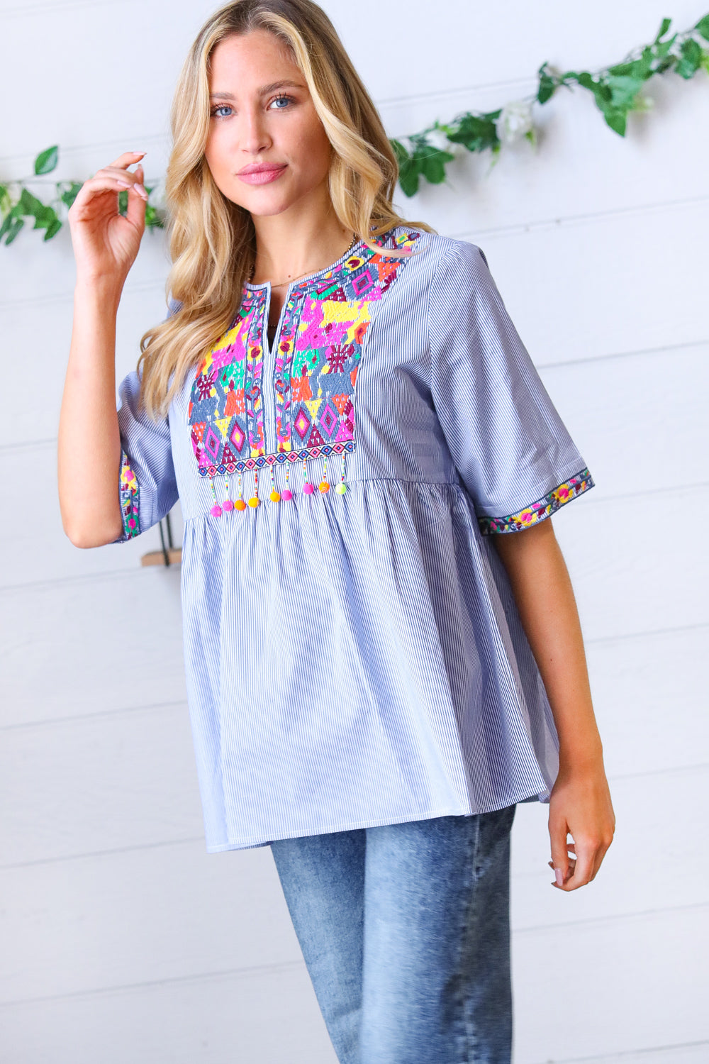 Navy Stripe Embroidered Beaded Pom Pom Yoke Top