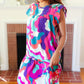 Go For Fun Fuchsia Geo Print Tiered Ruffle Sleeve Woven Dress