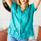 Teal Cotton Embroidered Button Down Cotton Top