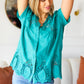 Teal Cotton Embroidered Button Down Cotton Top