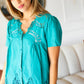 Teal Cotton Embroidered Button Down Cotton Top