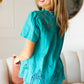 Teal Cotton Embroidered Button Down Cotton Top