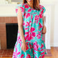 Diva Dreaming Aqua & Fuchsia Floral Print Tiered Ruffle Sleeve Dress