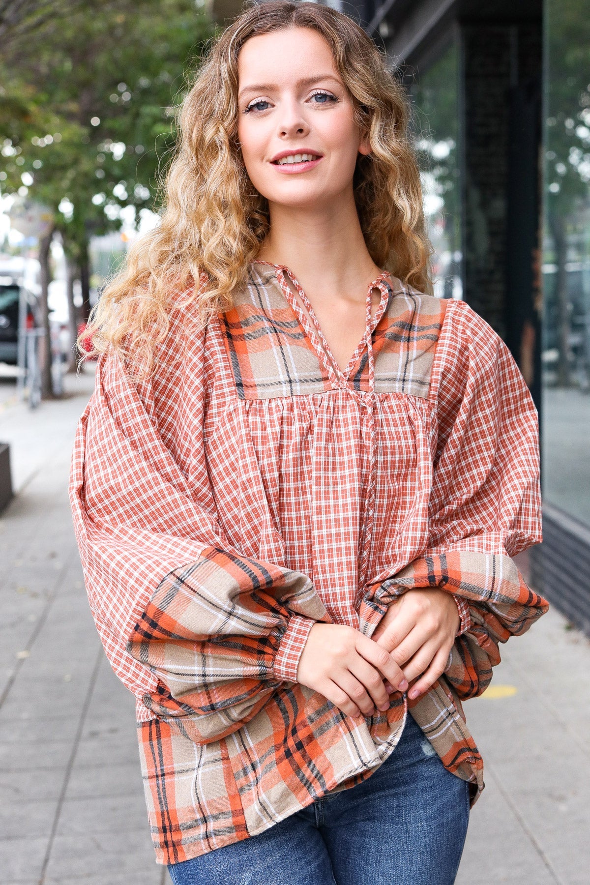 Under Your Spell Rust Plaid Color Block Notch Neck Top