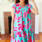 Diva Dreaming Aqua & Fuchsia Floral Print Tiered Ruffle Sleeve Dress