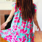 Diva Dreaming Aqua & Fuchsia Floral Print Tiered Ruffle Sleeve Dress