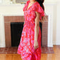 Remember Me Red & Pink Floral Print Smocked Waist Midi Dress