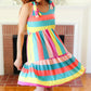 Start The Day Rainbow Stripe Shoulder Tie Tiered Dress