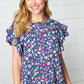 Navy Floral Mock Neck Flutter Sleeve Top