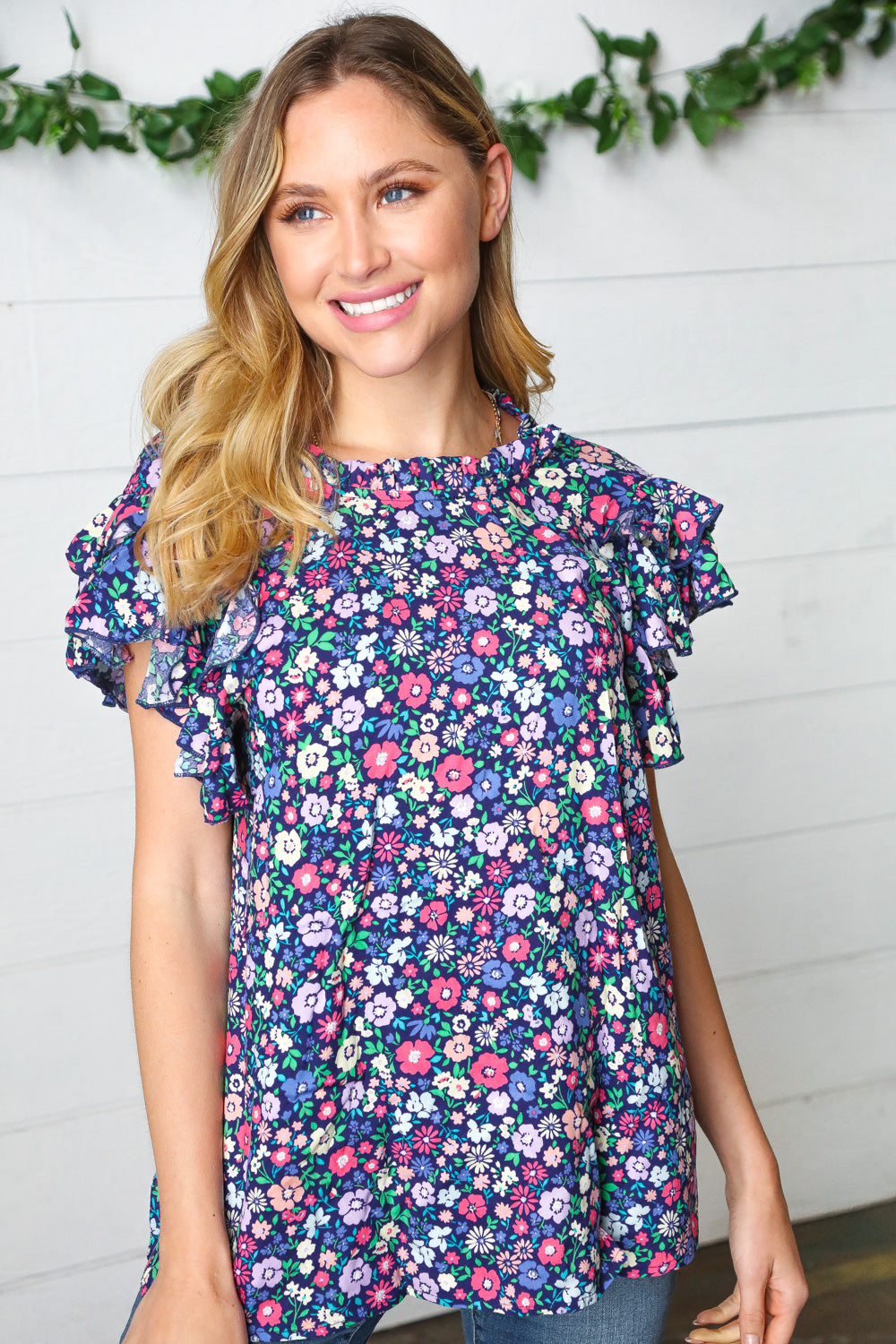 Navy Floral Mock Neck Flutter Sleeve Top