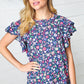 Navy Floral Mock Neck Flutter Sleeve Top