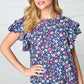 Navy Floral Mock Neck Flutter Sleeve Top