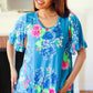 Feeling Playful Blue Floral Ruffle Sleeve & Hem Tunic Top