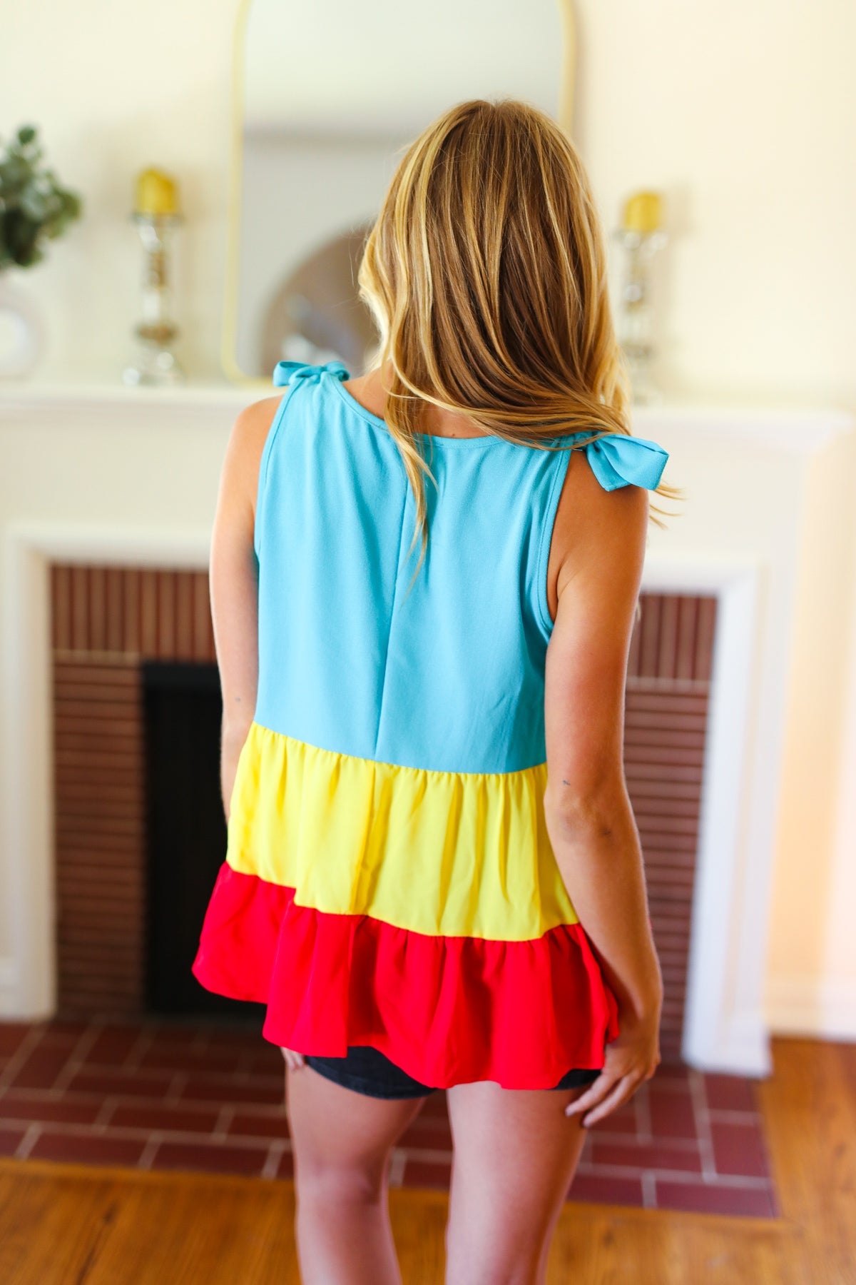 Multicolor Tiered Shoulder Tie Bow Crepe Top