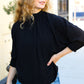 Black Smocked Three Quarter Sleeve Tie Back Top