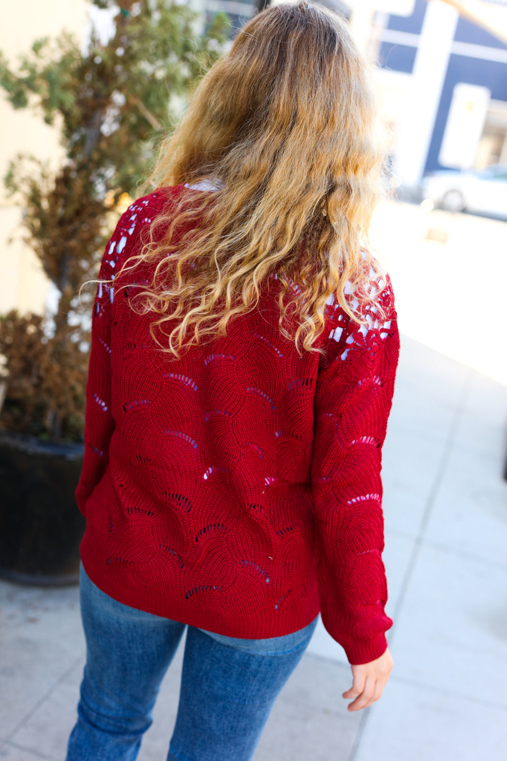 Casual Chic Burgundy Pointelle Lace Shoulder Knit Sweater