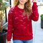 Casual Chic Burgundy Pointelle Lace Shoulder Knit Sweater