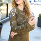 Casual Chic Olive Pointelle Lace Shoulder Knit Sweater