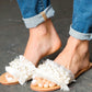 Ivory Linen Fray Beaded Faux Pearl Slide Sandal