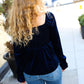 Shine Your Light Navy Crushed Velvet Smocked Ruffle Top